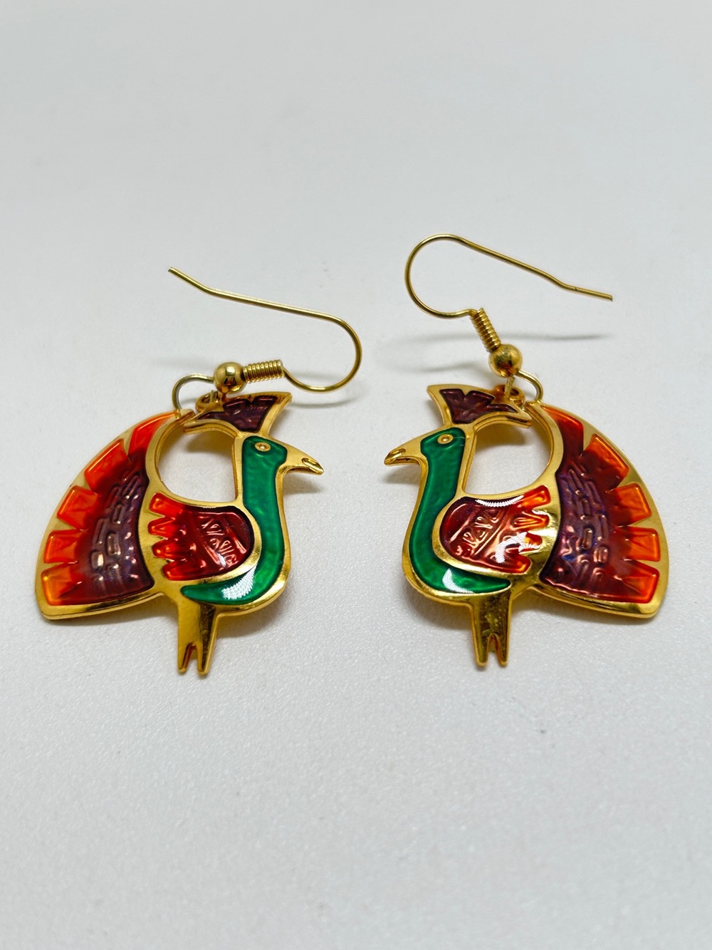 Berebi, Gold And Enamel Cloisonné Peacock Earrings, Orange, Green, Purple, Wires